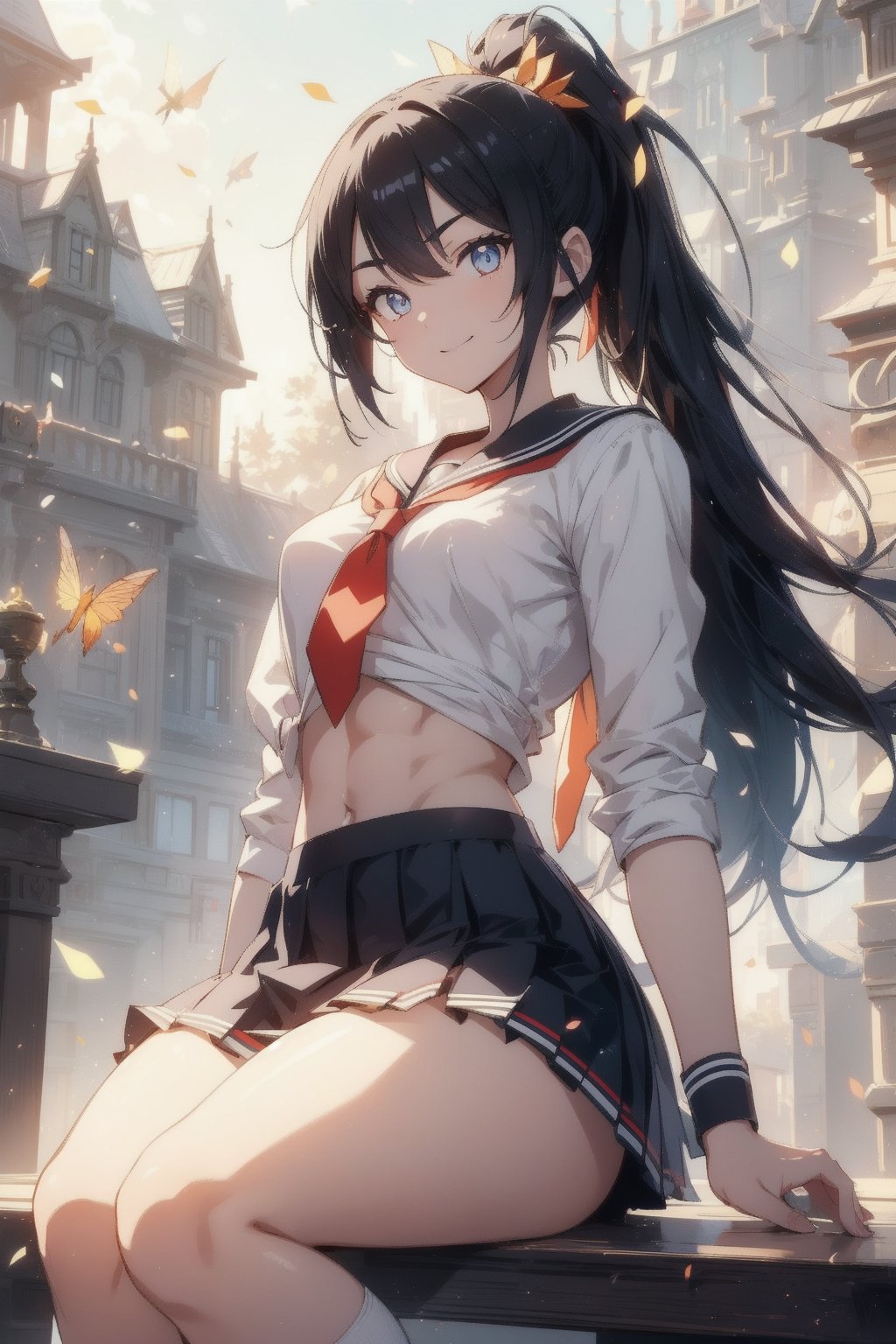 anime style beautiful woman, 1girl, (ponytail), black hair, (long hair), 
(smile), 
Slender, skinny, (turime), thick eyebrows, 
(school uniform), (sailor uniform), ((red sailor tie)), (white sailor blouse), 
(((abs))), acrobatic pose, 
vibrant colors, sharp focus, best quality, depth of field, cinematic lighting, (illustration, 8k CG, extremely detailed), ultra-detailed, high resolution, firefliesfireflies, perfect light, 
stylish pose, 8k, very clear, highest quality, high resolution. best quality, illustration, sax blue, 1girl, cute, (dynamic lighting:1.2), cinematic lighting, delicate facial features, detailed eyes, sharp pupils, realistic pupils, depth of field, bokeh, sharp focus, (hyper-detailed, bloom, glow:1.4), many small gems,glowing gold