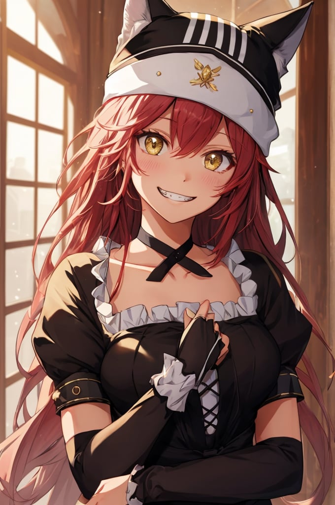 BETA, masterpiece, best quality, high quality, highres, absurdres, 1girl, solo, animal hat, anime coloring, maid, indoors, upper body, puffy short sleeves, black headwear, collarbone, parody, official style, black choker, alternate costume, bridal gauntlets, black dress, white shirt, ess, dress, frills, long sleeves, maid, maid headdress, puffy sleeves, looking at viewer, masterpiece, best quality, high resolution.,lupusregina beta,breakdomain,
evil grin, blushing, 

