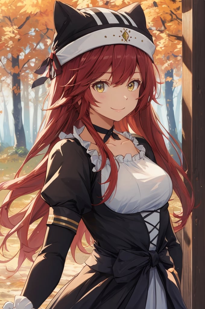 autumn, levies, lupusregina beta, smile, from back, outdoors, forest, trees, BETA, masterpiece, best quality, high quality, highres, absurdres, 1girl, solo, animal hat, anime coloring, maid, upper body, puffy short sleeves, black headwear, collarbone, parody, official style, black choker, alternate costume, bridal gauntlets, black dress, white shirt, ess, dress, frills, long sleeves, maid, maid headdress, puffy sleeves, looking at viewer, masterpiece, best quality, high resolution, l

