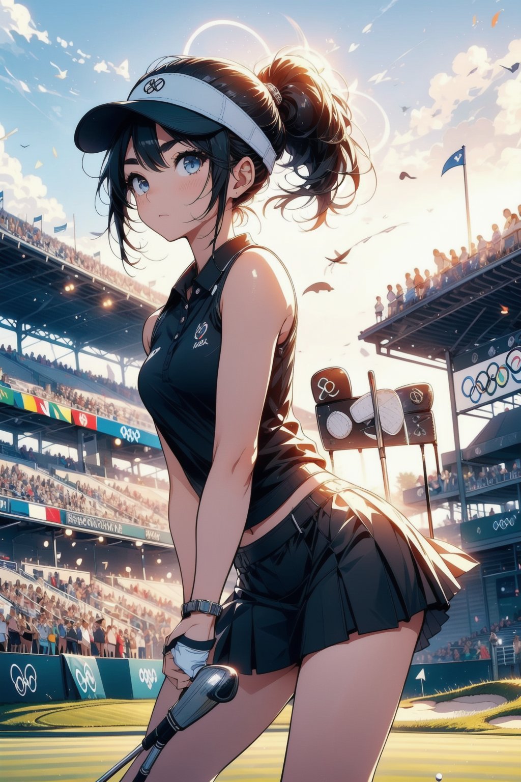 Paris Olympics, (((golf))), 
anime style beautiful woman, 1girl, (ponytail), black hair, (long hair), 
Slender, skinny, (turime), thick eyebrows, 
looking viewer, facing viewer, motion lines, stadium, olympic venues, 
 sports shorts, athletes uniforms, visor cap, polo shirt, sleeveless, skirt, 
 tight_clothes, 
((olympic rings symbol)), 
((bend forward)),((playing golf)), ((holding golf club)), ((golf course)), bent over, leaning forward, olympic rings, 
Olympic Stadium, stage, Midjourney,
