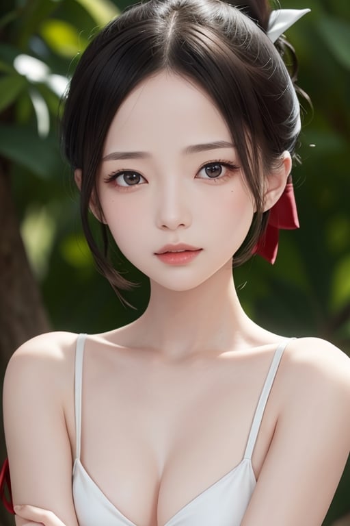 micro bikini, emotionless, beutiful woman, shinomiya kaguya, folded ponytail, forehead, hair ribbon, brown eyes, (red ribbon), ribbon, short hair, sidelocks, small breast ,looking at viewer, best quality, high resolution, unity 8k wallpaper, illustration, beautiful detailed eyes, extremely detailed face, perfect lighting, extremely detailed CG, perfect hands, perfect anatomy,folded ponytail, high_school_girl, mai, 1girl, face