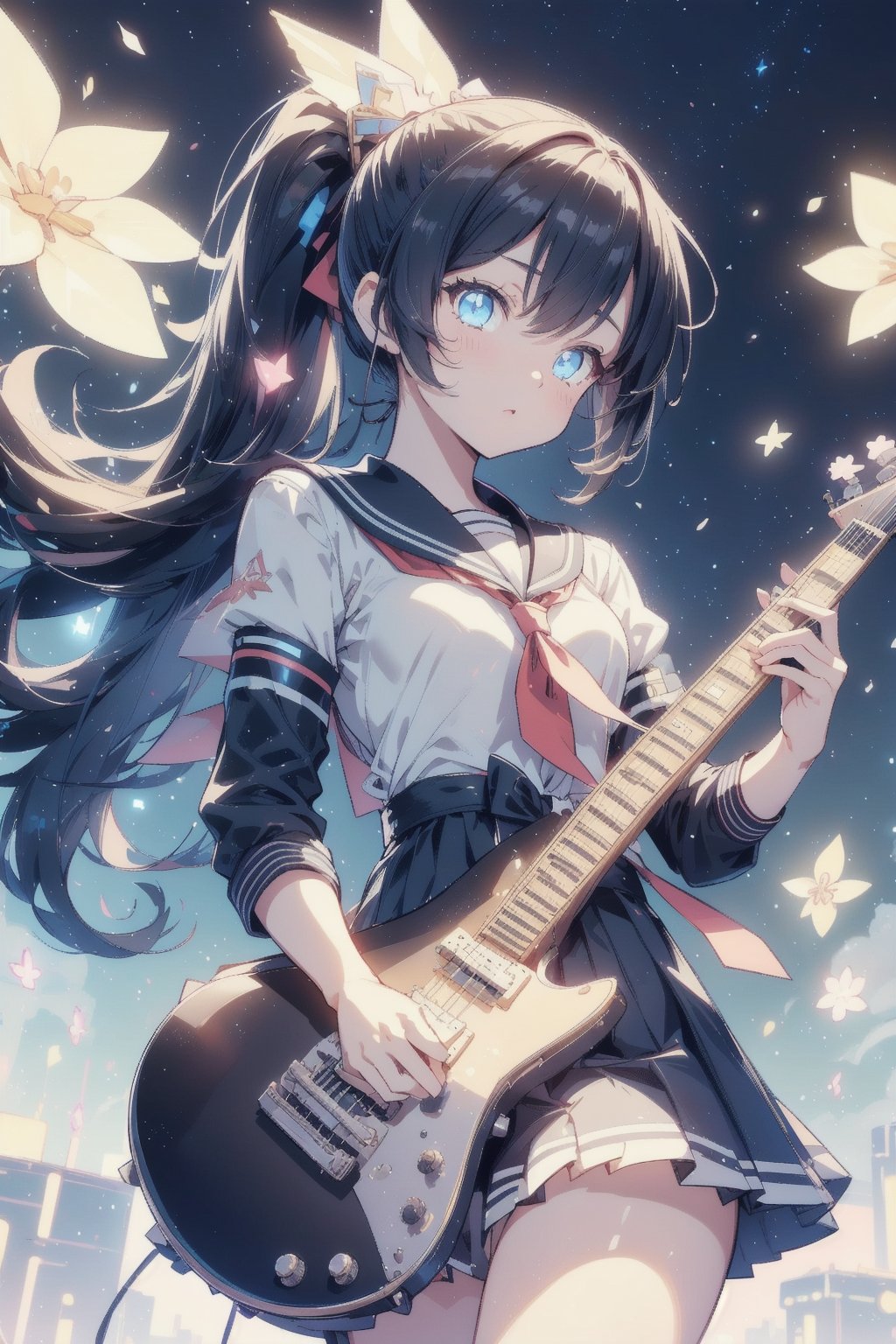 anime style beautiful woman, (1girl), (ponytail), black hair, (long hair), 
(guitar, instrument, electric guitar, bass guitar, amplifier, gibson les paul, drum, acoustic guitar, speaker), 
Slender, skinny, (turime), thick eyebrows, 
(school uniform), (sailor uniform), ((red sailor tie)), (white sailor blouse), 
vibrant colors, sharp focus, best quality, depth of field, cinematic lighting, (illustration, 8k CG, extremely detailed),
8k, very clear, highest quality, high resolution. best quality, illustration, sax blue, 1girl, cute, (dynamic lighting:1.2), cinematic lighting, delicate facial features, detailed eyes, sharp pupils, realistic pupils, depth of field, bokeh, sharp focus, (hyper-detailed, bloom, glow:1.4), many small gems