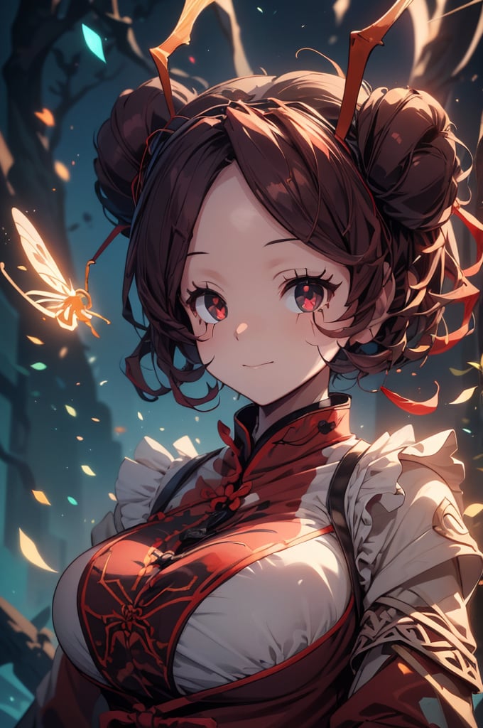 Entoma Vasilissa Zeta, girl, burgundy hair, short hair, twin buns, insect antennae, porcelain face, red-black eyes, black eyes scars
Slender, skinny, chinese dress, maid hairband,
(masterpiece), (best quality), 8k illustration,
solo,1girl, maid dress, maid uniform, red theme, red outfit, red uniform, Chinese dress, Chinese theme outfit, Chinese pattern outfit, thick scar on her face, thick scar on her skin, Chinese hair ornament, Slender, skinny, flat chest, 
sleeves, large sleeves, (((China dress, huge sleeves, sleeves hide hands))), no hands,  looking at viewer, upper body,
light,detail,atmosphere,effects,color, ((gigantic spider shadow behind)), 
darkness, night, ((face, close up)), 