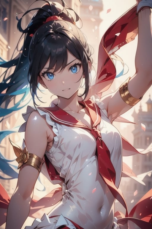 anime style beautiful woman, 1girl, (ponytail), black hair, (long hair), 
(smile), ((face)), (close up), lush greenery, upper body, arms behind head, 
Slender, skinny, Flat Chest, small breasts, (turime), thick eyebrows, 
(school uniform), (sailor uniform), ((red sailor tie)), (white sailor blouse), sleeveless, bare shoulders, delicate and sexy collarbone, (wet), tight_clothes, 
simple background, 
8k, very clear, looking at viewer, simple background, solo, highest quality, high resolution. best quality, illustration, sax blue, 1girl, cute, (dynamic lighting:1.4), cinematic lighting, delicate facial features, detailed eyes, sharp pupils, realistic pupils, depth of field, bokeh, sharp focus, (hyper-detailed, bloom, glow:1.4), many small gems,bellydancer