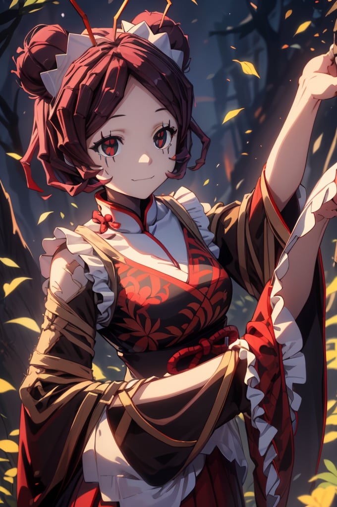 Entoma Vasilissa Zeta, girl, burgundy hair, short hair, twin buns, insect antennae, (((porcelain face, red-black eyes, black eyes scars))), 
Slender, skinny, chinese dress, maid hairband,
(masterpiece), (best quality), 8k illustration,
solo,1girl, maid dress, maid uniform, red theme, red outfit, red uniform, Chinese dress, Chinese theme outfit, Chinese pattern outfit, thick scar on her face, thick scar on her skin, Chinese hair ornament, Slender, skinny, flat chest, 
sleeves, large sleeves, (((China dress, huge sleeves, sleeves hide hands))), , (big sleeves, hands into sleeves), arms up, looking at viewer, upper body,
light,detail,atmosphere,effects,color
forest, night, darkness, Magic Forest