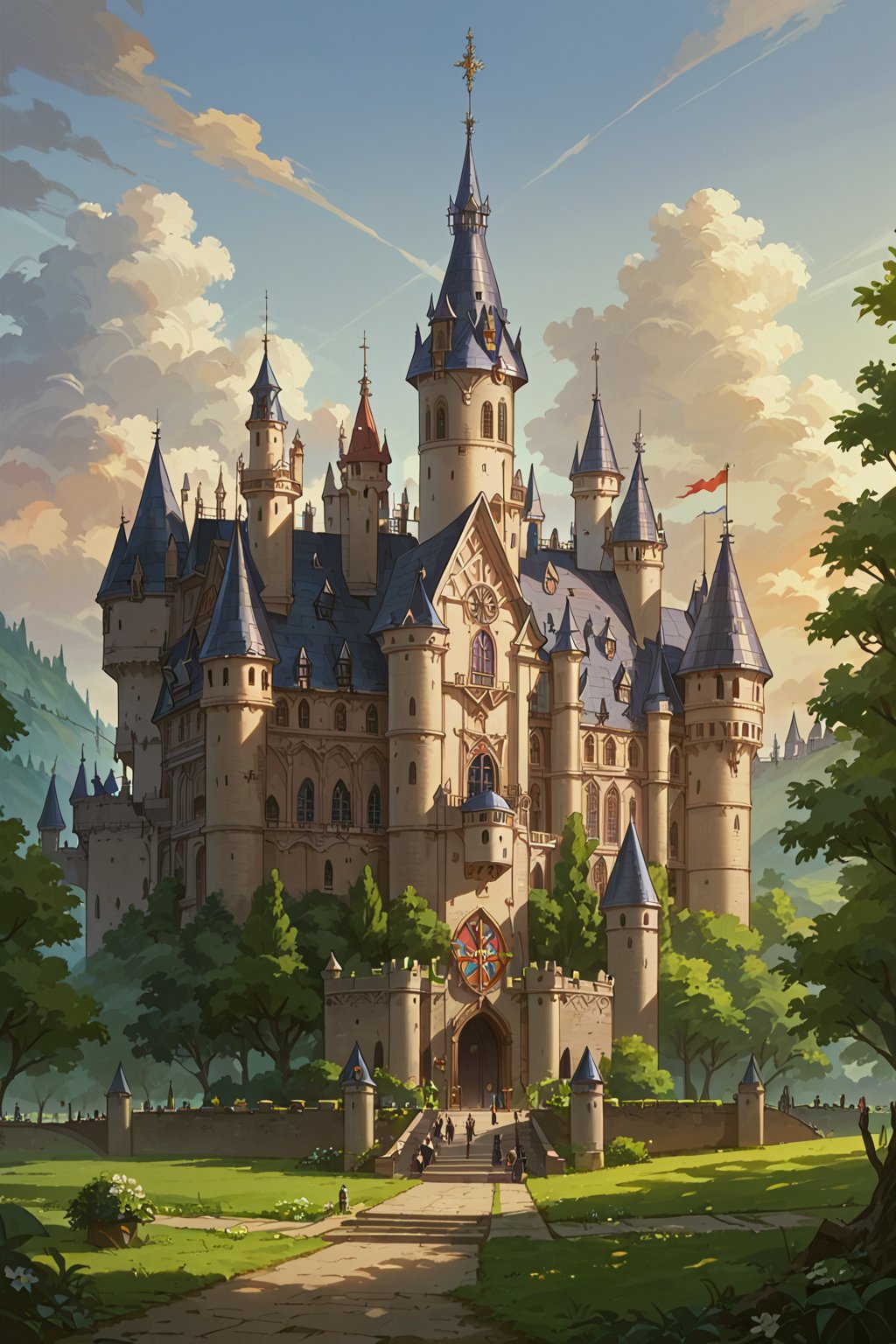 Masterpiece, Top Quality, Aesthetic, Score 9 Up, Score 8 Up, Score 7 Up, Score 6 Up, flat style, 
score_9, score_8_up, score_7_up, source_anime, very aesthetic, anime screencap, anime coloring,
Castles, towers, medieval castle, outdoors, gloomy lighting, (afternoon:1.2), perfect light