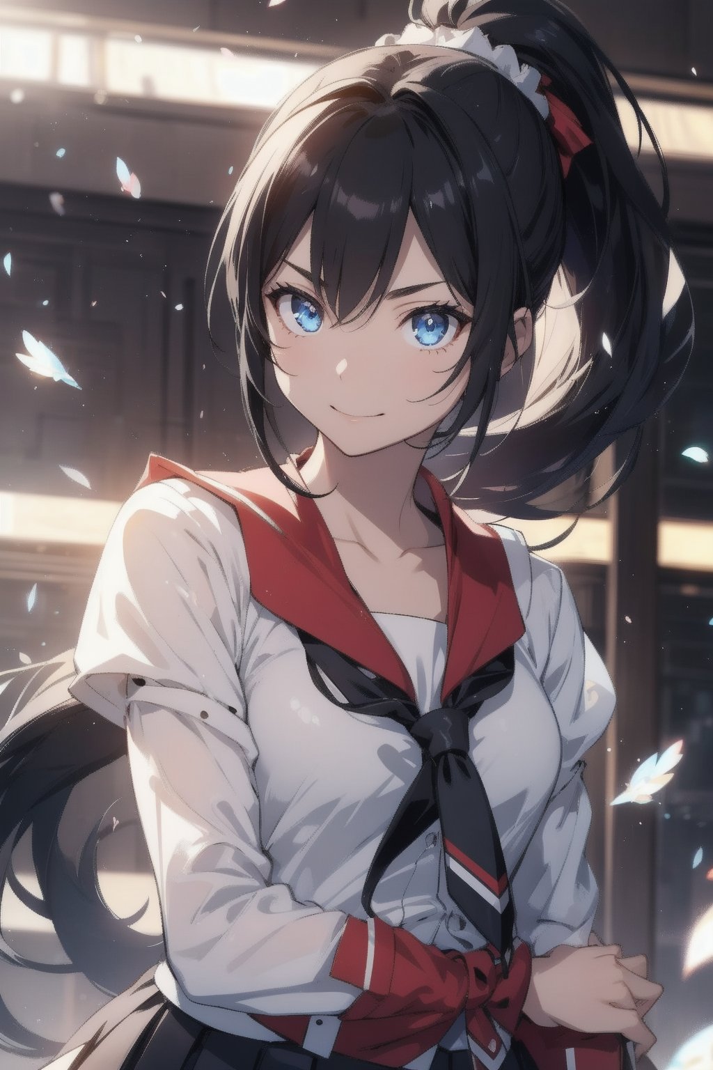 anime style beautiful woman, 1girl, (ponytail), black hair, (long hair), 
(smile), face, close up, 
Slender, skinny, (turime), thick eyebrows, 
(school uniform), (sailor uniform), ((red sailor tie)), (white sailor blouse), 
long sleeves, necktie, school uniform, pleated skirt, juliet sleeves, black thighhighs, 
vibrant colors, sharp focus, best quality, depth of field, cinematic lighting, (illustration, 8k CG, extremely detailed), ultra-detailed, high resolution, firefliesfireflies, perfect light, 
stylish pose, 8k, very clear, highest quality, high resolution. best quality, illustration, sax blue, 1girl, cute, (dynamic lighting:1.2), cinematic lighting, delicate facial features, detailed eyes, sharp pupils, realistic pupils, depth of field, bokeh, sharp focus, (hyper-detailed, bloom, glow:1.4), many small gems,pastelbg
