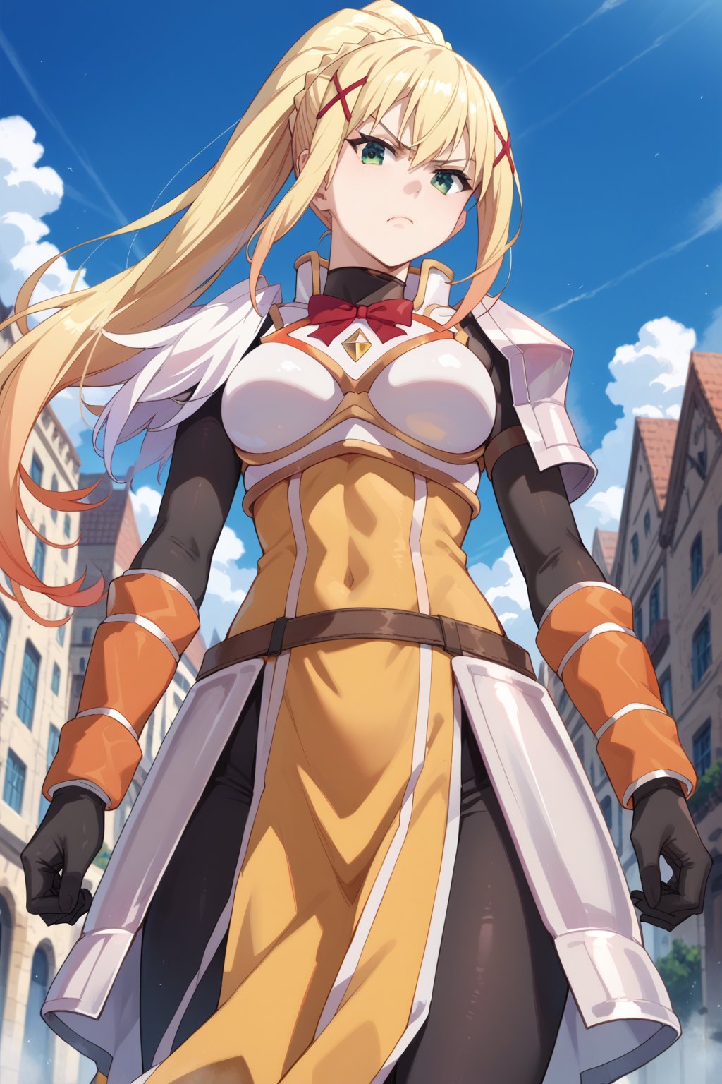 source_anime, score_7_up, score_8_up, score_9_up,solo,darkness \(konosuba\), long hair, green eyes, blonde hair, hair ornament, ponytail, braid, x hair ornament,gloves, armor, bodysuit, shoulder armor, armored dress,beautiful_female_fingers,
(glaring at the viewer), 
serious face,  outdoors, cityscape, from below, fighting stance, 
