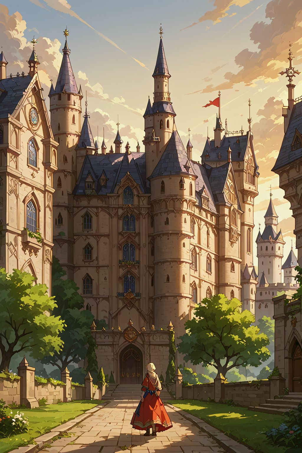 Masterpiece, Top Quality, Aesthetic, Score 9 Up, Score 8 Up, Score 7 Up, Score 6 Up, flat style, 
score_9, score_8_up, score_7_up, source_anime, very aesthetic, anime screencap, anime coloring,
Castles, towers, medieval castle, outdoors, gloomy lighting, (afternoon:1.2), perfect light