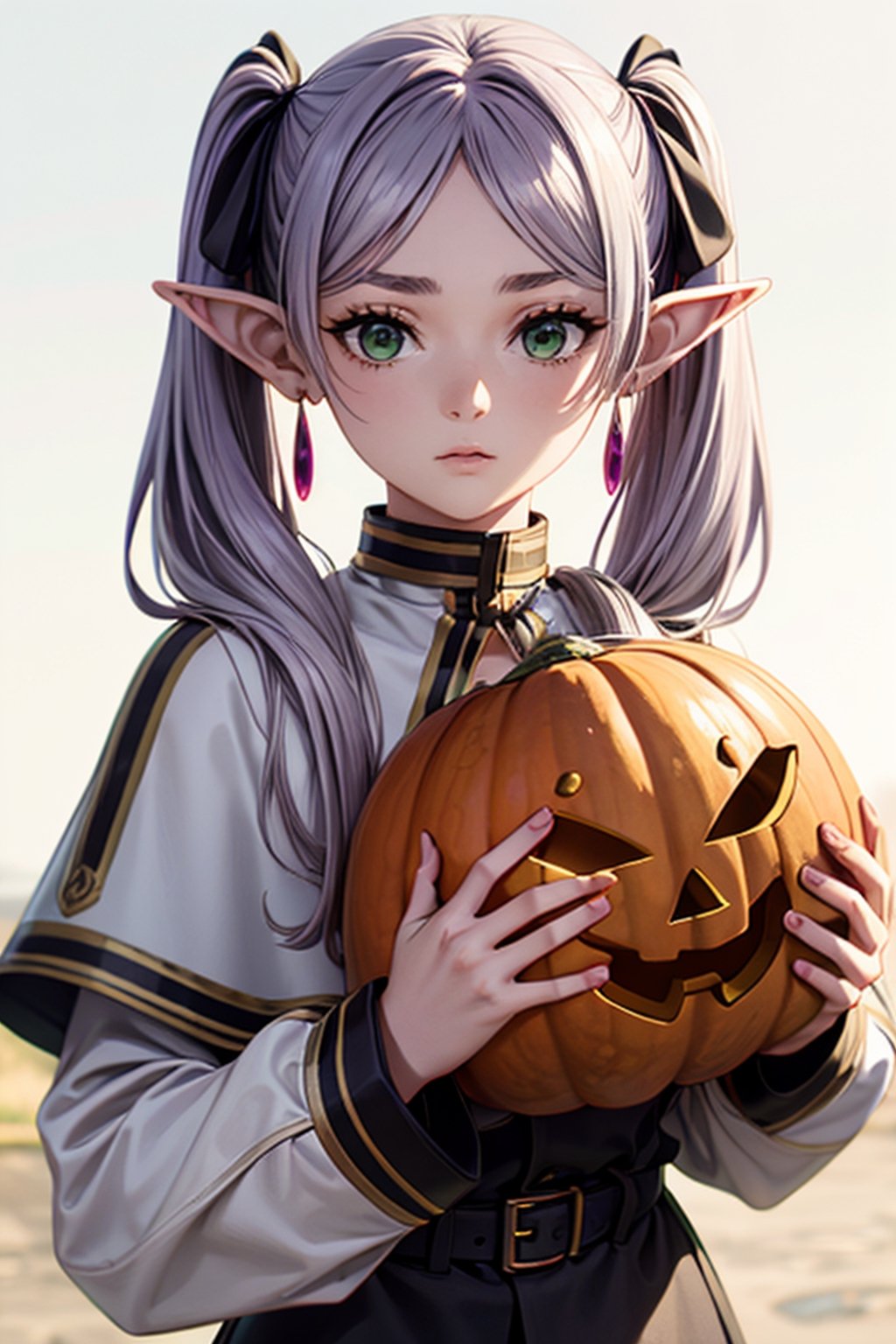 beautiful girl, petite, emotionless, holding a carved pumpkin, surrounded by pumpkin, light purple hair, green eyes, side twintails, center parted, no ribbon on head, elf years, long years,  Slender, skinny, Flat Chest, small breasts, (portrait), upper body, cute lovely,  detailed face, detailed body, shirt, long sleeves, jewelry, pantyhose, earrings, striped, black pantyhose, capelet, striped shirt, frieren, highest quality, high resolution.,frieren, 