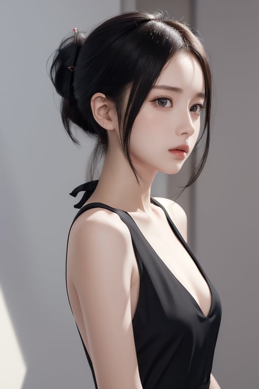 bare shoulders, delicate and sexy collarbone, nipples,  Nipple Protrusion: 2.0, beutiful woman, shinomiya kaguya, folded ponytail, forehead, hair ribbon, brown eyes, (red ribbon), ribbon, short hair, sidelocks, small breast ,black dress, dress, pinafore dress, school uniform, shirt, short sleeves, shuuchiin academy school uniform, white shirt, looking at viewer, best quality, high resolution, unity 8k wallpaper, illustration, beautiful detailed eyes, extremely detailed face, perfect lighting, extremely detailed CG, perfect hands, perfect anatomy,folded ponytail, high_school_girl, mai, 1girl, 