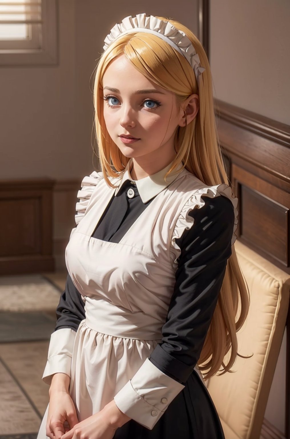 Tuareninya Veyron, (masterpiece), (best quality), 8k illustration, 1girl, solo, maid dress, outfit, uniform, valentine theme, indoors, Valentine tone, Valentine decoration, red and pink theme, love, tuare, blue eyes, long hair, blonde hair, 