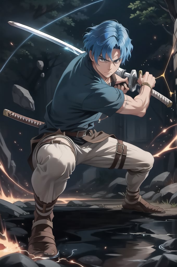 Brain Unglaus, Overlord, 1boy, solo, wavy hair, blue hair, 
battoujutsu, magic, ((energy, aura)), beautiful detailed glow, 
masterpiece, best quality, ultra-detailed, glowing light, (detailed background, complex background:1.2), (perfect face, detailed face), 
sparkling,metal reflective,glowing,dynamic angle,(dynamic pose: 1.4), battoujutsu, spread legs on one knee stance, from diagonally forward, ((light circle on the ground)), full body,r1ge