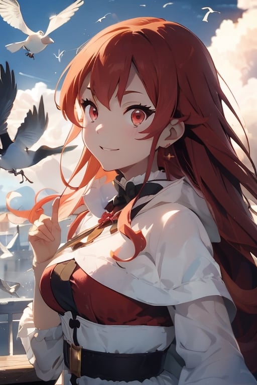 christmas gift, red eyes, red hair, princess hair stylish, glamorous, gorgeous, delicate, romantic, ((castle, castle above the sky, at a very high place full of clouds and birds)),1 girl, hand_raised, beautiful smile, droopy eyes, young body, Santa Claus,breakdomain