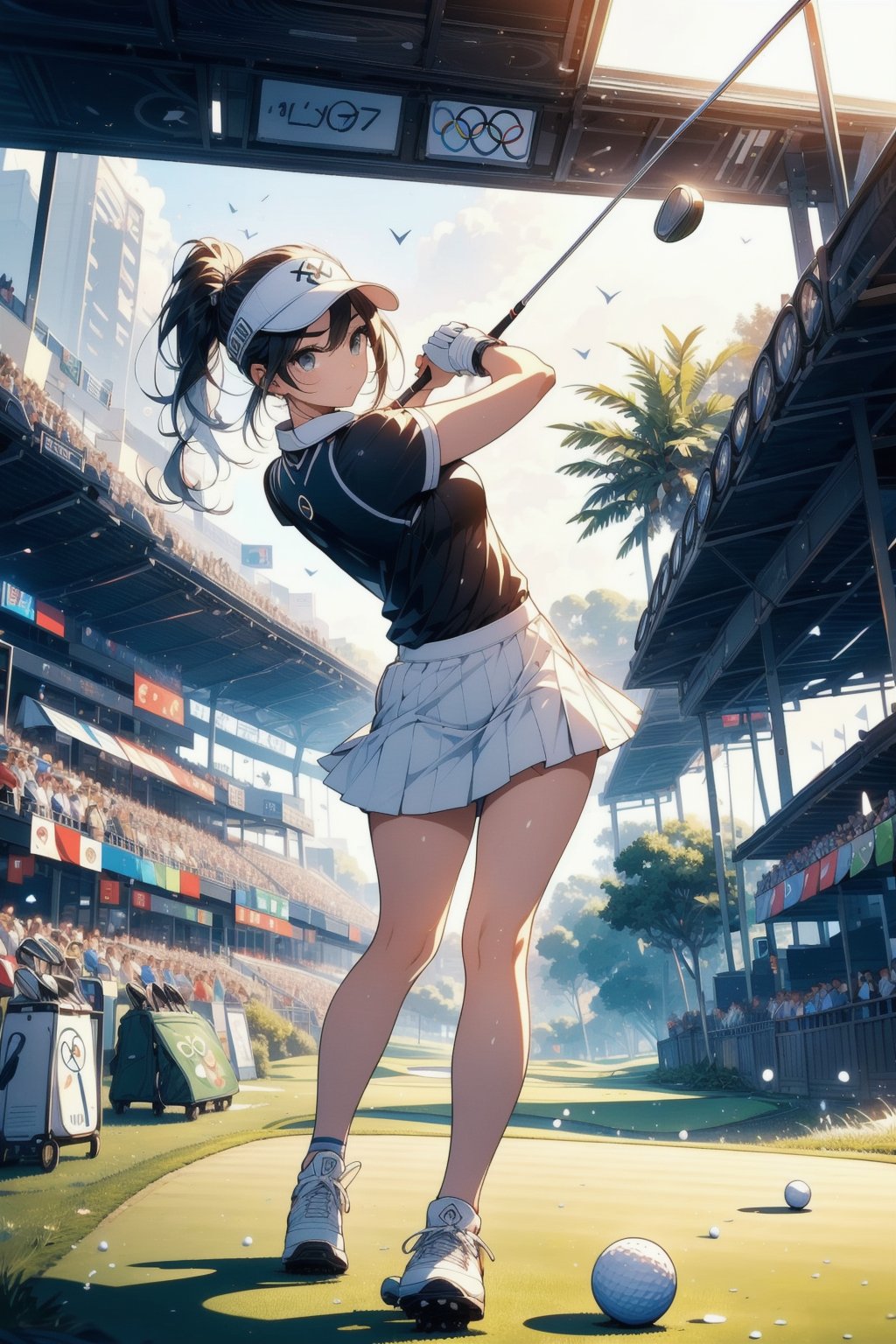 Paris Olympics, (((golf))), 
anime style beautiful woman, 1girl, (ponytail), black hair, (long hair), 
Slender, skinny, (turime), thick eyebrows, 
looking viewer, facing viewer, motion lines, stadium, olympic venues, 
 sports shorts, athletes uniforms, visor cap, polo shirt, sleeveless, skirt, 
 tight_clothes, 
((olympic rings symbol)), 
((bend forward)),((playing golf)), ((holding golf club)), ((golf course)), bent over, leaning forward, olympic rings, 
Olympic Stadium, stage, Midjourney,
