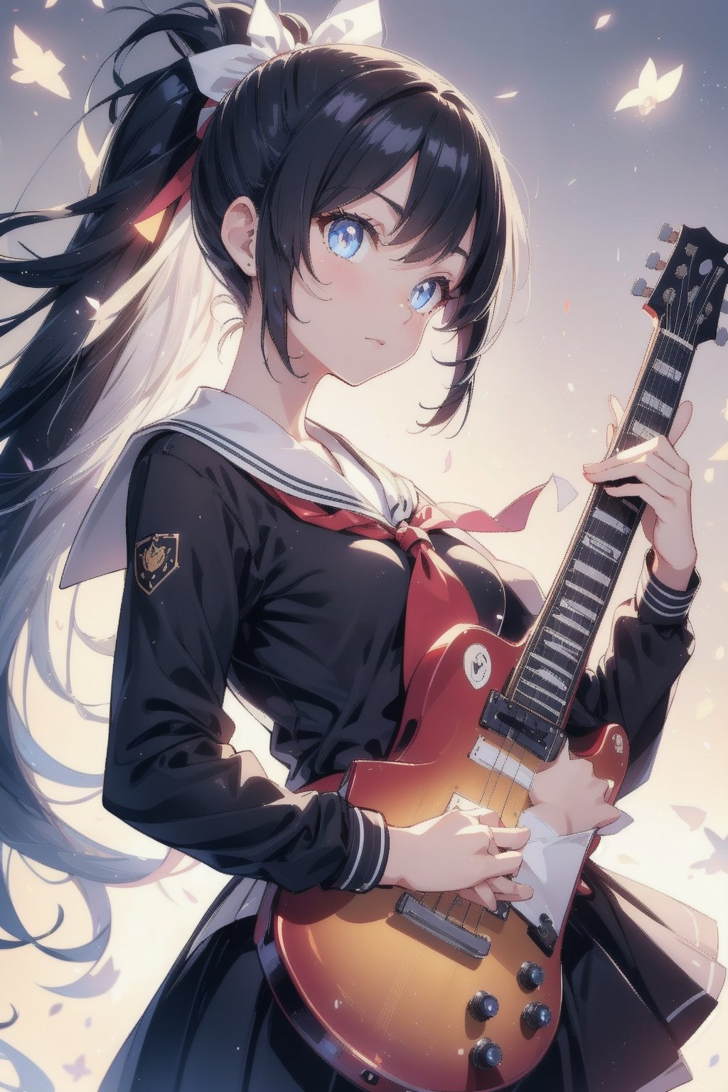 anime style beautiful woman, (1girl), (ponytail), black hair, (long hair), 
(guitar, instrument, electric guitar, bass guitar, amplifier, gibson les paul, drum, acoustic guitar, speaker), 
Slender, skinny, (turime), thick eyebrows, 
(school uniform), (sailor uniform), ((red sailor tie)), (white sailor blouse), 
vibrant colors, sharp focus, best quality, depth of field, cinematic lighting, (illustration, 8k CG, extremely detailed),
8k, very clear, highest quality, high resolution. best quality, illustration, sax blue, 1girl, cute, (dynamic lighting:1.2), cinematic lighting, delicate facial features, detailed eyes, sharp pupils, realistic pupils, depth of field, bokeh, sharp focus, (hyper-detailed, bloom, glow:1.4), many small gems