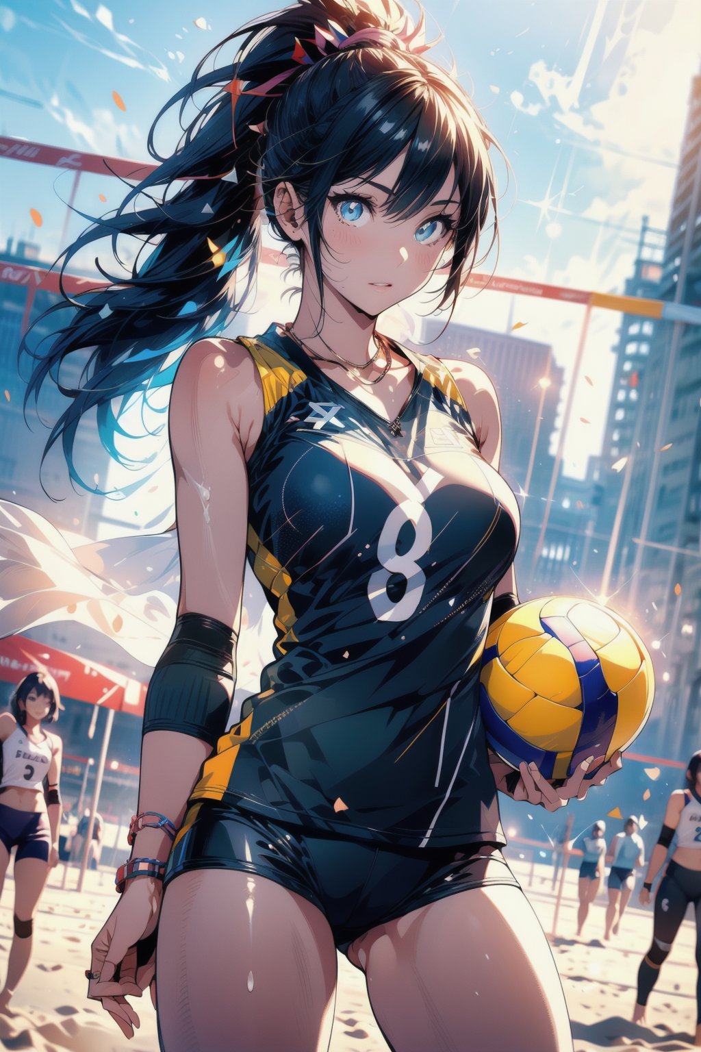 Paris Olympics, (((beach volleyball)))
anime style beautiful woman, 1girl, (ponytail), black hair, (long hair), 
Slender, skinny, (turime), thick eyebrows, 
volleyball uniform, (wet), tight_clothes, 
Olympic Stadium, ((beach)), sand, valleyball net, 
vibrant colors, sharp focus, best quality, depth of field, cinematic lighting, (illustration, 8k CG, extremely detailed), ultra-detailed, high resolution, firefliesfireflies, perfect light, 
8k, very clear, highest quality, high resolution. best quality, illustration, sax blue, 1girl, cute, (dynamic lighting:1.2), cinematic lighting, delicate facial features, detailed eyes, sharp pupils, realistic pupils, depth of field, bokeh, sharp focus, (hyper-detailed, bloom, glow:1.4), many small gems,girl,Midjourney,volleyball uniform