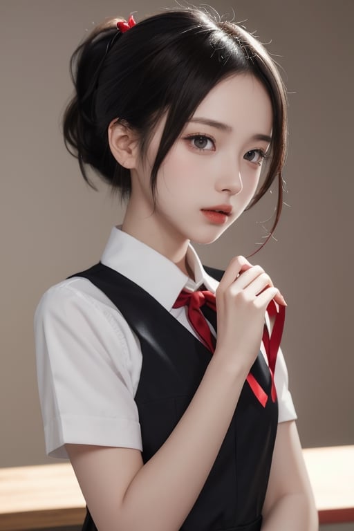 holding christmas gift, beutiful woman, shinomiya kaguya, folded ponytail, forehead, hair ribbon, brown eyes, (red ribbon), ribbon, short hair, sidelocks, small breast ,black dress, dress, pinafore dress, school uniform, shirt, short sleeves, shuuchiin academy school uniform, white shirt, looking at viewer, best quality, high resolution, unity 8k wallpaper, illustration, beautiful detailed eyes, extremely detailed face, perfect lighting, extremely detailed CG, perfect hands, perfect anatomy,folded ponytail, high_school_girl, mai, 1girl,