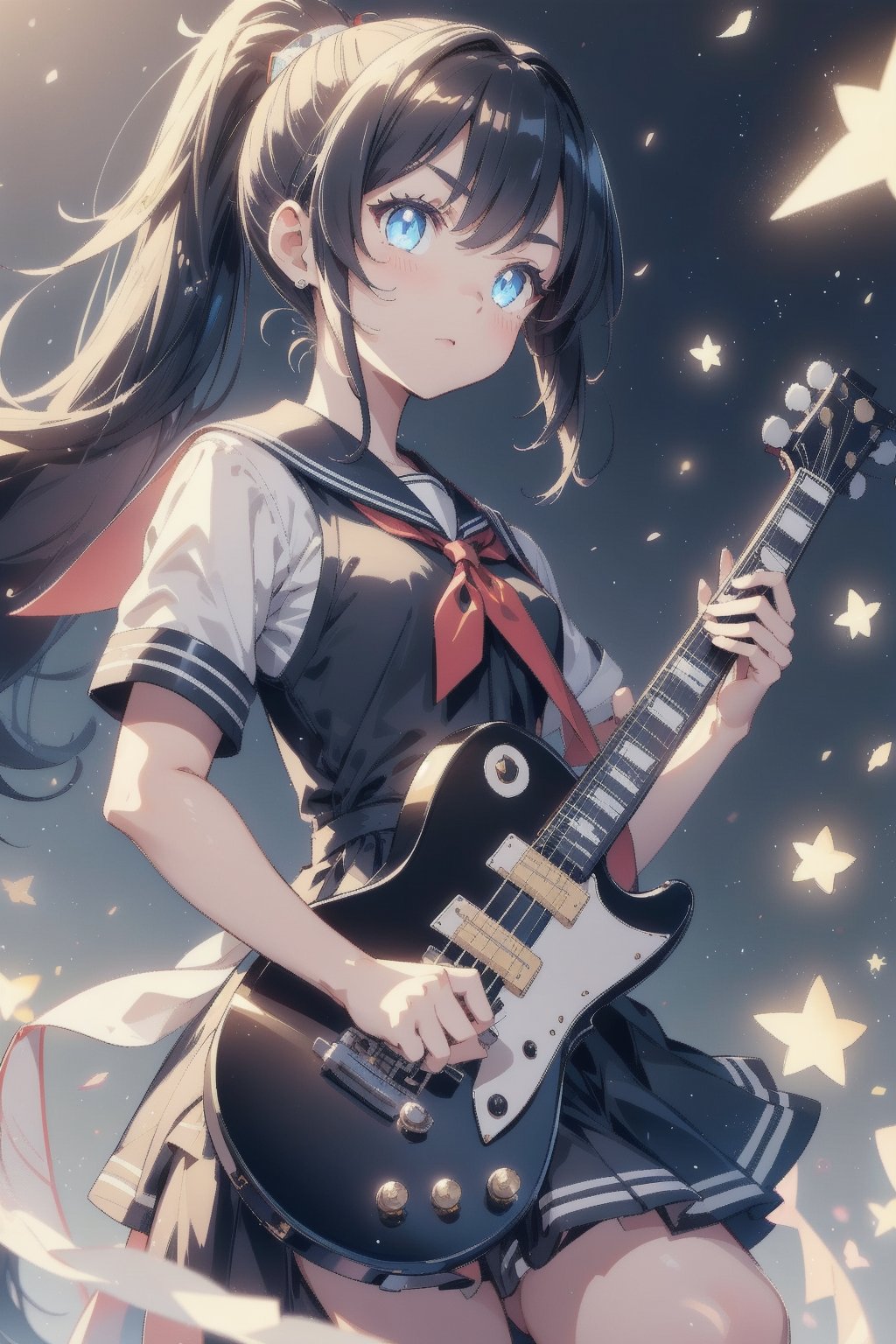 anime style beautiful woman, (1girl), (ponytail), black hair, (long hair), 
(guitar, instrument, electric guitar, bass guitar, amplifier, gibson les paul, drum, acoustic guitar, speaker), 
Slender, skinny, (turime), thick eyebrows, 
(school uniform), (sailor uniform), ((red sailor tie)), (white sailor blouse), 
vibrant colors, sharp focus, best quality, depth of field, cinematic lighting, (illustration, 8k CG, extremely detailed),
8k, very clear, highest quality, high resolution. best quality, illustration, sax blue, 1girl, cute, (dynamic lighting:1.2), cinematic lighting, delicate facial features, detailed eyes, sharp pupils, realistic pupils, depth of field, bokeh, sharp focus, (hyper-detailed, bloom, glow:1.4), many small gems