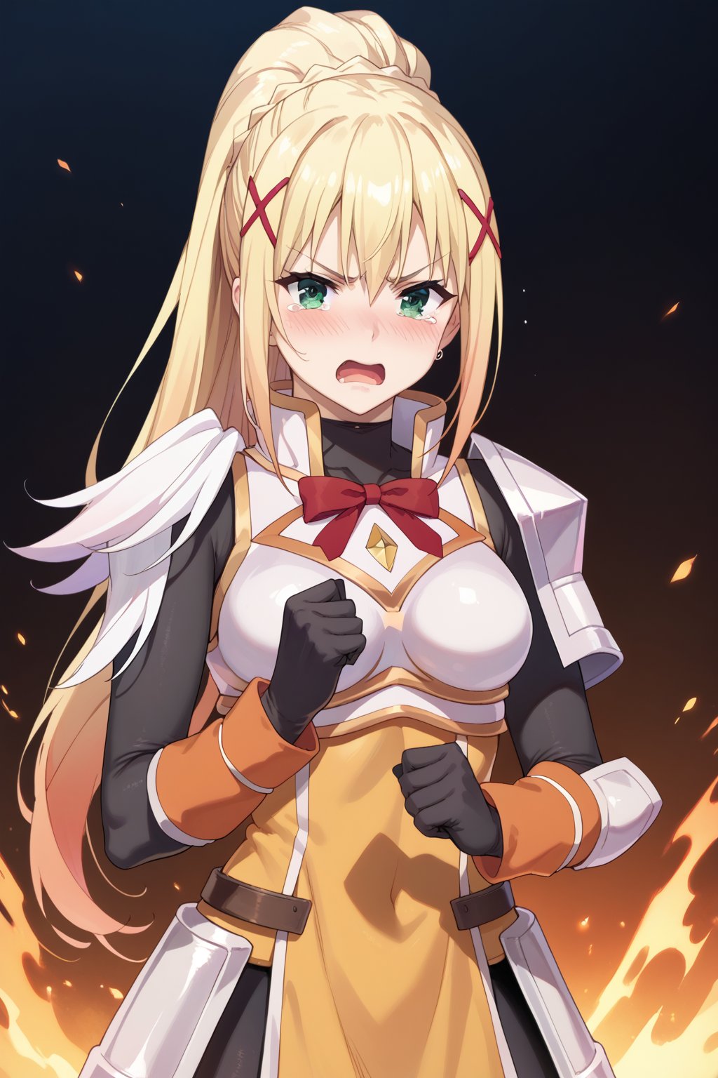 source_anime, score_7_up, score_8_up, score_9_up,solo,darkness \(konosuba\), long hair, green eyes, blonde hair, hair ornament, ponytail, braid, x hair ornament,gloves, armor, bodysuit, shoulder armor, armored dress,beautiful_female_fingers,
(glaring at the viewer), 
(((watery eyes))),(((tears))), blushing, open_mouth, 
