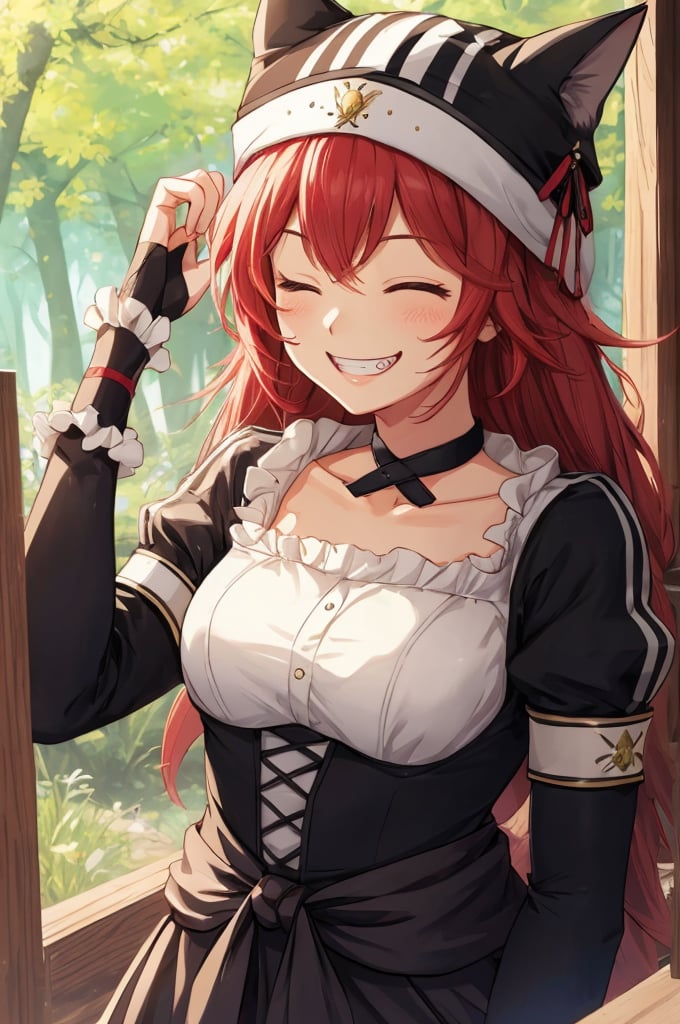 upusregina beta, evil grin, laughing, one eye closed, looking back, outdoors, forest, trees, BETA, masterpiece, best quality, high quality, highres, absurdres, 1girl, solo, animal hat, anime coloring, maid, puffy short sleeves, black headwear, collarbone, parody, official style, black choker, alternate costume, bridal gauntlets, black dress, white shirt, ess, dress, frills, long sleeves, maid, maid headdress, puffy sleeves, looking at viewer, masterpiece, best quality, high resolution, l

