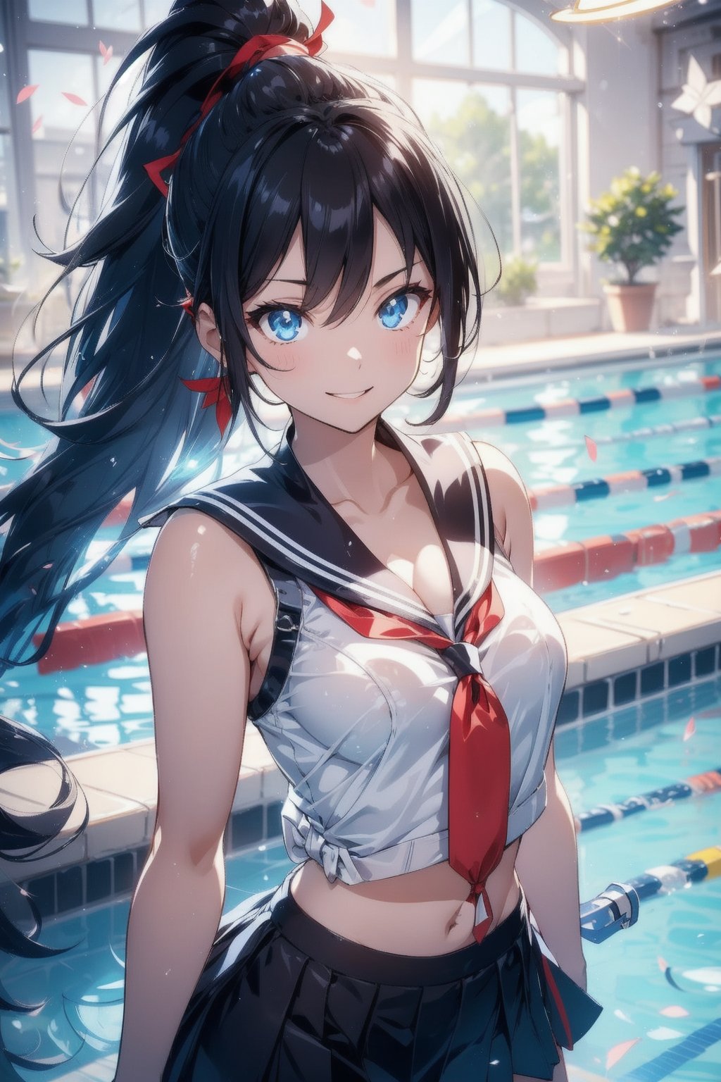 anime style beautiful woman, 1girl, (ponytail), black hair, (long hair), 
(smile), ((face)), (close up), school, (((pool))), cleavage cutout, navel, 
walking, 
Slender, skinny, (turime), thick eyebrows, 
(school uniform), (sailor uniform), ((red sailor tie)), (white sailor blouse), sleeveless, bare shoulders, delicate and sexy collarbone, (wet), tight_clothes, 
8k, very clear, looking at viewer, simple background, solo, highest quality, high resolution. best quality, illustration, sax blue, 1girl, cute, (dynamic lighting:1.4), cinematic lighting, delicate facial features, detailed eyes, sharp pupils, realistic pupils, depth of field, bokeh, sharp focus, (hyper-detailed, bloom, glow:1.4), many small gems