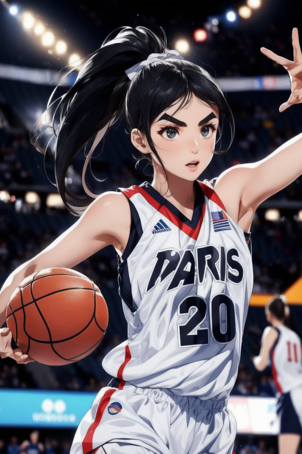 Paris Olympics, (((basketball))),  
anime style beautiful woman, (solo), 1girl, (ponytail), black hair, (long hair), 
Slender, skinny, (turime), thick eyebrows, 
wearing white basketball sport attire with tricolor line, 
dynamic pose, motion blur, emphasis line, sparks, plasma, aura, 
Olympic Stadium, 
basketball uniform