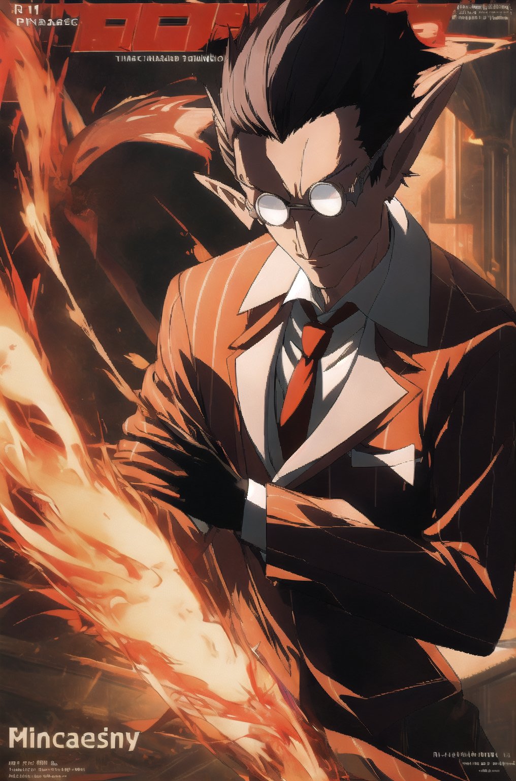 ((masterpiece))),best quality, 
Demiurge, orange suit, orange trouser, Orange Necktie, Silver Round Glasses, short hair, pointy ears, black hair, Diamond Eyes, long metal tail,  black gloves, demiurge, 
fire, glowing forehead,r1ge,midjourney,magazine cover