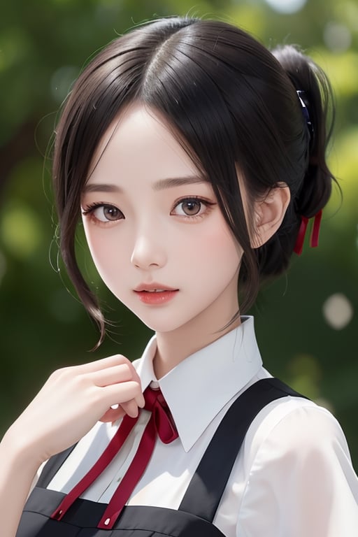 beutiful woman, shinomiya kaguya, folded ponytail, forehead, hair ribbon, brown eyes, (red ribbon), ribbon, short hair, sidelocks, small breast ,black dress, dress, pinafore dress, school uniform, shirt, short sleeves, shuuchiin academy school uniform, white shirt, looking at viewer, best quality, high resolution, unity 8k wallpaper, illustration, beautiful detailed eyes, extremely detailed face, perfect lighting, extremely detailed CG, perfect hands, perfect anatomy,folded ponytail, high_school_girl, mai, 1girl, face