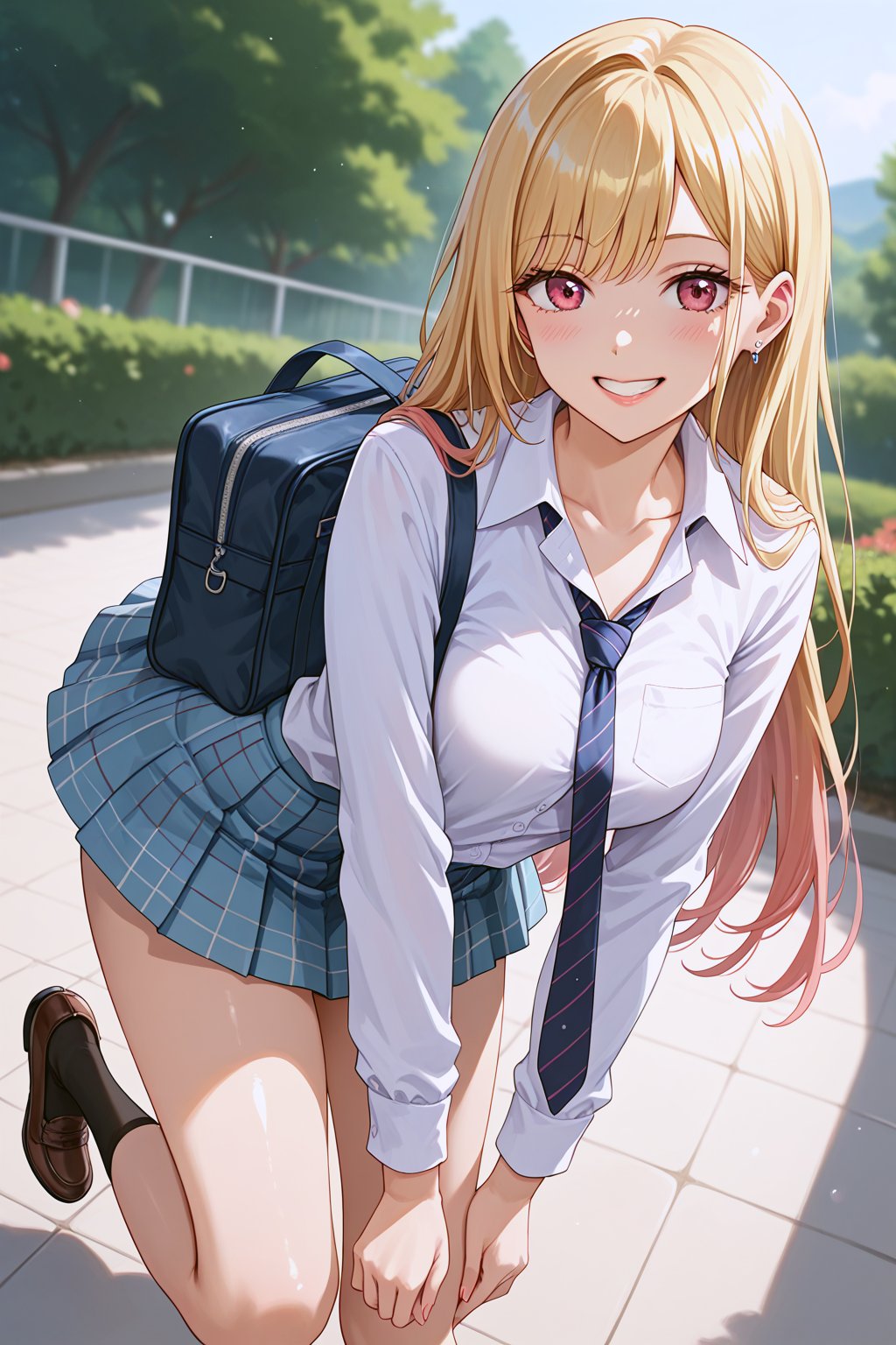 score_9,score_8_up,score_7_up,1girl,  solo, absurdres, beautiful detailed background, depth of field,
kitagawa_marin, sono_bisque_doll_wa_koi_wo_suru, 1girl, blonde_hair, red_eyes, long_hair, degradiente hair,
shiny skin, smile, blush, lips, grin,
smile, opend mouth, 
,white_shirt, tie loosely, Collarbone, light blue checked skirt, schoolbag, shoes, datch angle, cowboy shot, leaning forward,