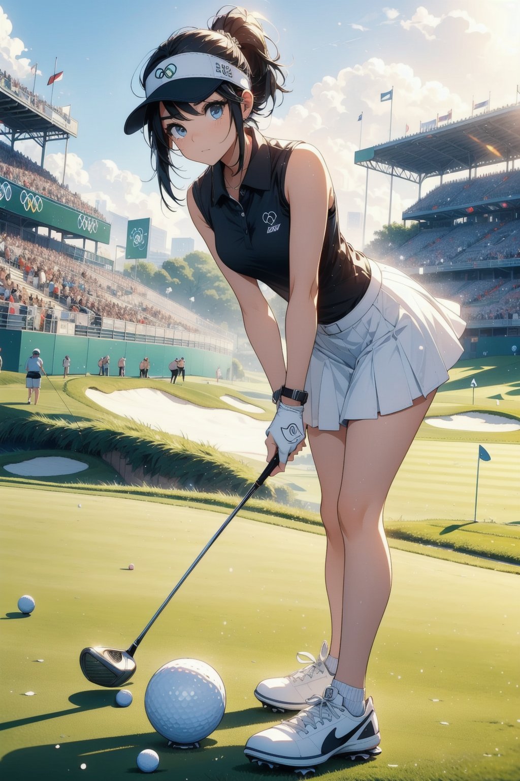 Paris Olympics, (((golf))), 
anime style beautiful woman, 1girl, (ponytail), black hair, (long hair), 
Slender, skinny, (turime), thick eyebrows, 
looking viewer, facing viewer, motion lines, stadium, olympic venues, 
 sports shorts, athletes uniforms, visor cap, polo shirt, sleeveless, skirt, 
 tight_clothes, 
((olympic rings symbol)), 
((bend forward)),((playing golf)), ((holding golf club)), ((golf course)), bent over, leaning forward, olympic rings, 
Olympic Stadium, stage, Midjourney,
