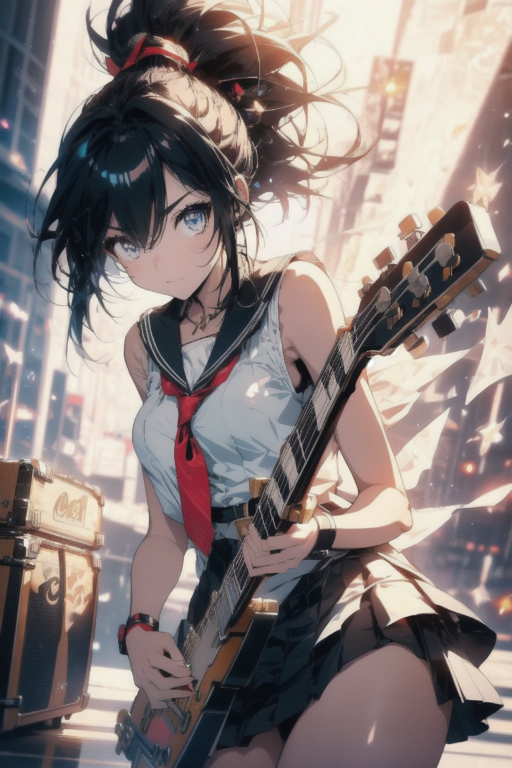 anime style beautiful woman, (1girl), (ponytail), black hair, (long hair), 
Slender, skinny, (turime), thick eyebrows, 
(school uniform), (sailor uniform), ((red sailor tie)), (white sailor blouse), cleavage cutout, navel,  sleeveless, bare shoulders, 
(((guitar, instrument, electric guitar, bass guitar, amplifier, gibson les paul, drum, acoustic guitar, speaker))), 
vibrant colors, sharp focus, best quality, depth of field, cinematic lighting, (illustration, 8k CG, extremely detailed), ultra-detailed, high resolution, firefliesfireflies, perfect light, 
stylish pose, 8k, very clear, highest quality, high resolution. best quality, illustration, sax blue, 1girl, cute, (dynamic lighting:1.2), cinematic lighting, delicate facial features, detailed eyes, sharp pupils, realistic pupils, depth of field, bokeh, sharp focus, (hyper-detailed, bloom, glow:1.4), many small gems