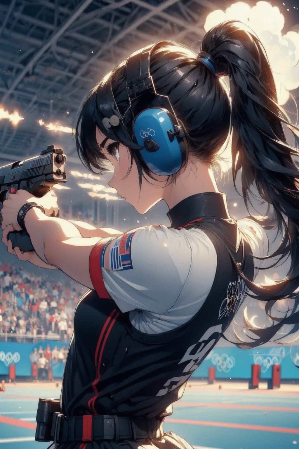 Paris Olympics, (((pistol shooting))), Olympic shooting competition,
anime style beautiful woman, 1girl, (ponytail), black hair, (long hair), 
Slender, skinny, (turime), thick eyebrows, 

((firing range)),(holding air handgun), outstretched arm,muzzle flash,aiming at viewer and target, player uniform, sleeveless, sports shorts, ((ear defenders)), fingerless gloves, olympic games venue, wind, steam, sweat, shadow, standing, 
(((holding gun))), aiming, 

Midjourney
