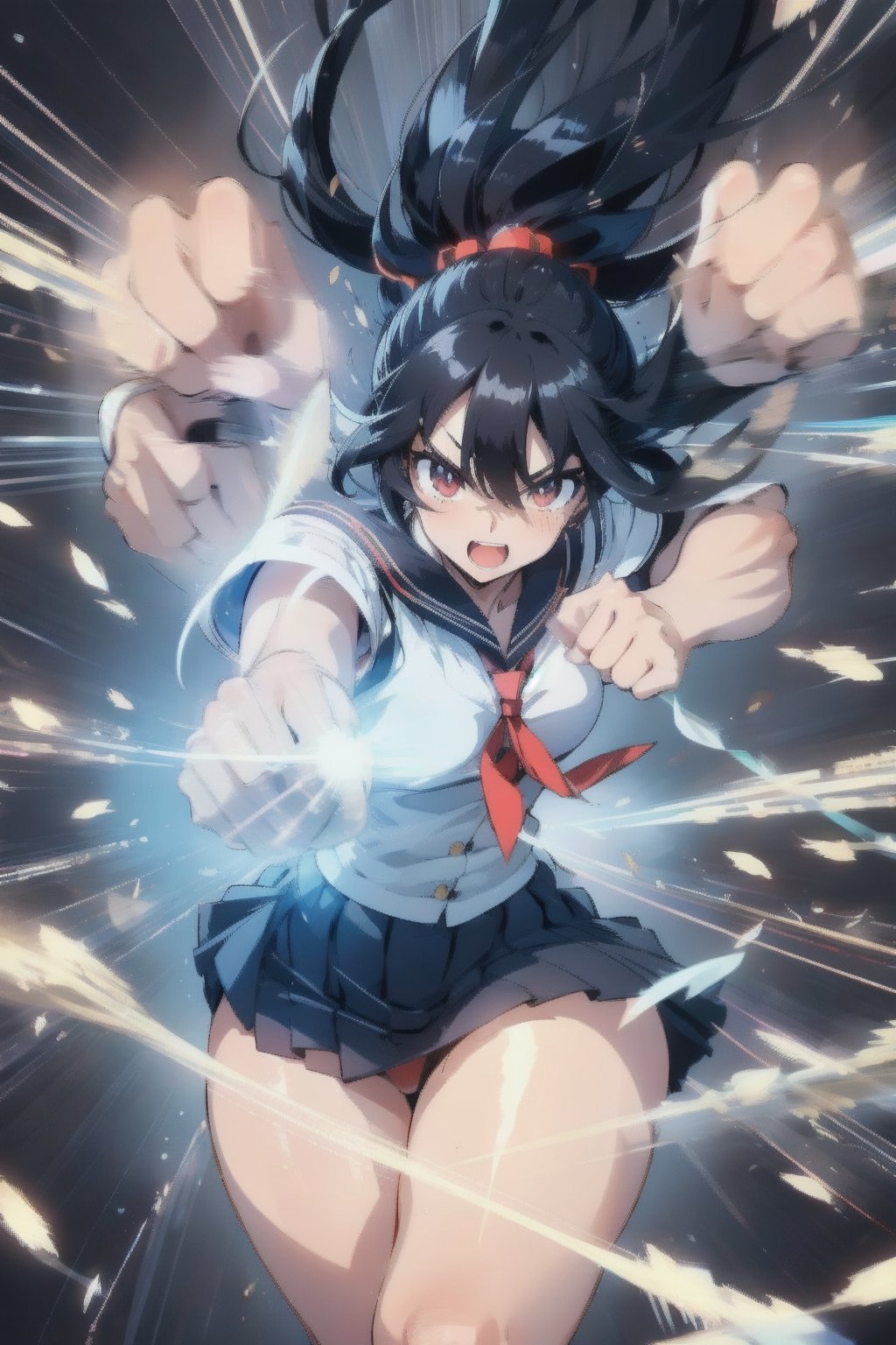 anime style beautiful woman, 1girl, (ponytail), black hair, (long hair), 
(smile), 
Slender, skinny, (turime), thick eyebrows, 
(school uniform), (sailor uniform), ((red sailor tie)), (white sailor blouse), 
(((abs))), ((rushpunch, punching, clenched hands, oreshortening, incoming attack, aura, afterimage, motion lines, speed lines, motion_blur,  energy, glowing,)), ((((punching, fighting stance, motion blur, speed line))), 
vibrant colors, sharp focus, best quality, depth of field, cinematic lighting, (illustration, 8k CG, extremely detailed), ultra-detailed, high resolution, firefliesfireflies, perfect light, 
stylish pose, 8k, very clear, highest quality, high resolution. best quality, illustration, sax blue, 1girl, cute, (dynamic lighting:1.2), cinematic lighting, delicate facial features, detailed eyes, sharp pupils, realistic pupils, depth of field, bokeh, sharp focus, (hyper-detailed, bloom, glow:1.4), many small gems,glowing gold,rushpunch