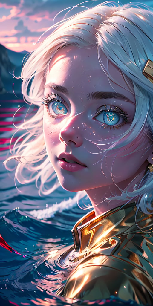 8K, high_resolution, 1080P, 1girl, (Masterpiece)), (Realistic, Photorealistic: 1.35), (RAW Photo, Best Quality,red and gold beautiful detailed eyes,white hair, red and gold color eyes, floating_hair ,scenery, cinematic scene, centered, beautiful face