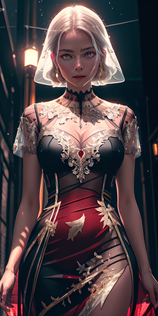 8K, high_resolution, 1080P, 1girl, (Masterpiece)), (Realistic, Photorealistic: 1.35), (RAW Photo, Best Quality), (red and gold color eyes:1.5),red and gold beautiful detailed eyes,white hair, floating_hair ,scenery, cinematic scene, centered, beautiful face,black dress,black thin cloth,(see through dress:2)