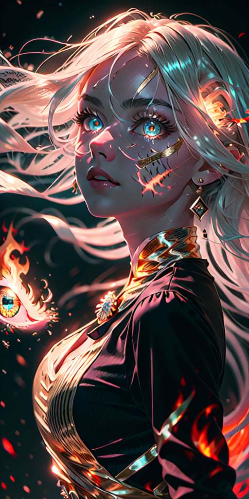 8K, high_resolution, 1080P, 1girl, (Masterpiece)), (Realistic, Photorealistic: 1.35), (RAW Photo, Best Quality), (red and gold color eyes:1),(red and gold beautiful detailed flaming eyes:1.2),white hair, floating_hair ,scenery, shiny hair,cinematic scene, centered, beautiful face,black dress,black thin dress(seen through dress), glowing scars on face