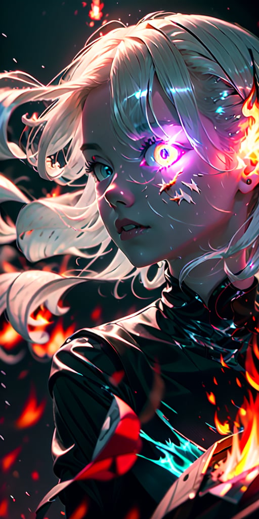 8K, high_resolution, 1080P, 1girl, (Masterpiece)), (Realistic, Photorealistic: 1.35), (RAW Photo, Best Quality),(detailed red glowing flaming eyes:1.2),white hair, floating_hair ,scenery, shiny hair,cinematic scene, centered, beautiful face,black dress,black thin dress, (seen through dress),small thin glowing and flaming scars on face, 