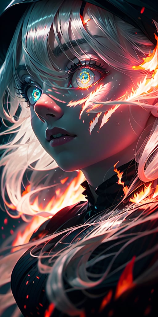 8K, high_resolution, 1080P, 1girl, (Masterpiece)), (Realistic, Photorealistic: 1.35), (RAW Photo, Best Quality),(dark detailed flaming eyes:1.2),white hair, floating_hair ,scenery, shiny hair,cinematic scene, centered, beautiful face, black dress, black thin dress(seen through dress),small thin glowing and flaming scars on face