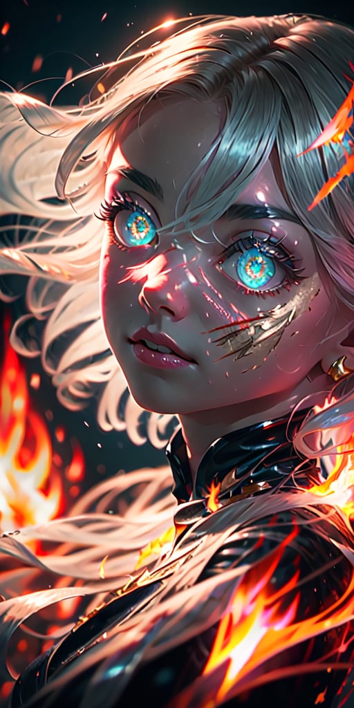 8K, high_resolution, 1080P, 1girl, (Masterpiece)), (Realistic, Photorealistic: 1.35), (RAW Photo, Best Quality),(red and gold beautiful detailed flaming eyes:1.2),white hair, floating_hair ,scenery, shiny hair,cinematic scene, centered, beautiful face,black dress,black thin dress(seen through dress),small thin glowing and flaming scars on face, 