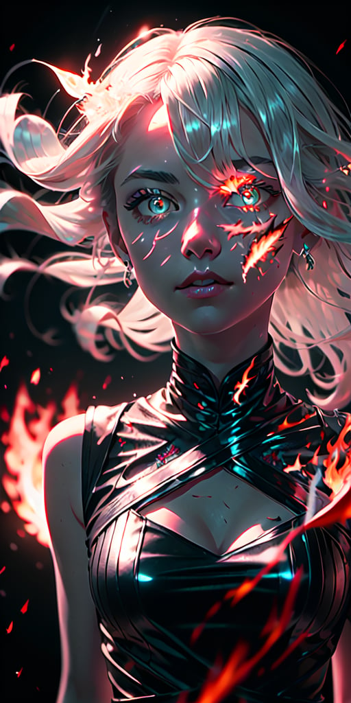 8K, high_resolution, 1080P, 1girl, (Masterpiece)), (Realistic, Photorealistic: 1.35), (RAW Photo, Best Quality),(red detailed flaming eyes:1.2),white hair, floating_hair ,scenery, shiny hair,cinematic scene, centered, beautiful face,black dress,black thin dress(seen through dress),small thin glowing and flaming scars on face, 