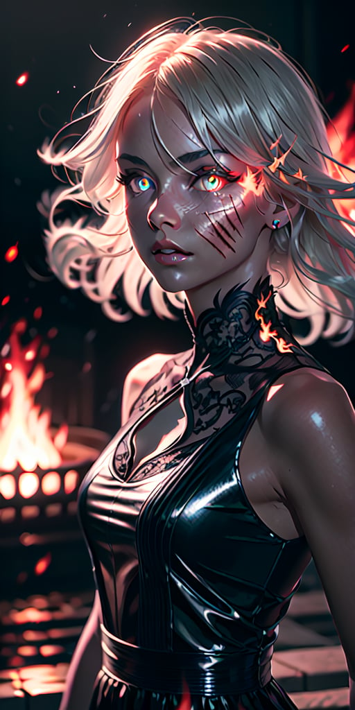 8K, high_resolution, 1080P, 1girl, (Masterpiece)), (Realistic, Photorealistic: 1.35), (RAW Photo, Best Quality),(red detailed flaming eyes:1.2),white hair, floating_hair ,scenery, shiny hair,cinematic scene, centered, beautiful face, black dress, black thin dress(seen through dress),small thin glowing and flaming scars on face