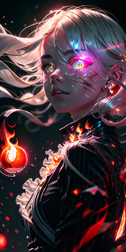 8K, high_resolution, 1080P, 1girl, (Masterpiece)), (Realistic, Photorealistic: 1.35), (RAW Photo, Best Quality),(red detailed glowing flaming eyes:1.2),white hair, floating_hair ,scenery, shiny hair,cinematic scene, centered, beautiful face,black dress,black thin dress(seen through dress),small thin glowing and flaming scars on face, 