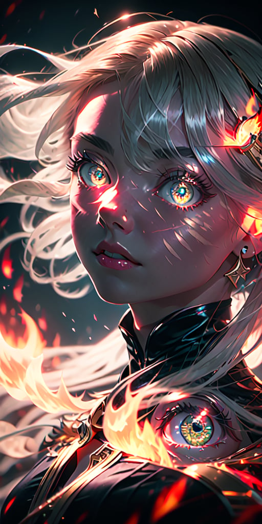 8K, high_resolution, 1080P, 1girl, (Masterpiece)), (Realistic, Photorealistic: 1.35), (RAW Photo, Best Quality),(red and gold beautiful detailed flaming eyes:1.2),white hair, floating_hair ,scenery, shiny hair,cinematic scene, centered, beautiful face,black dress,black thin dress(seen through dress),fully small glowing scars on face