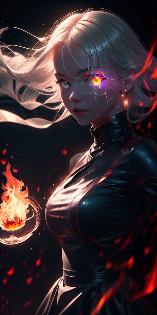 8K, high_resolution, 1080P, 1girl, (Masterpiece)), (Realistic, Photorealistic: 1.35), (RAW Photo, Best Quality), (detailed red glowing flaming eyes:1.2) ,white hair, floating_hair ,scenery, shiny hair, cinematic scene, centered, beautiful face, black dress,black thin dress, (seen through dress), small thin glowing and flaming scars on face, 