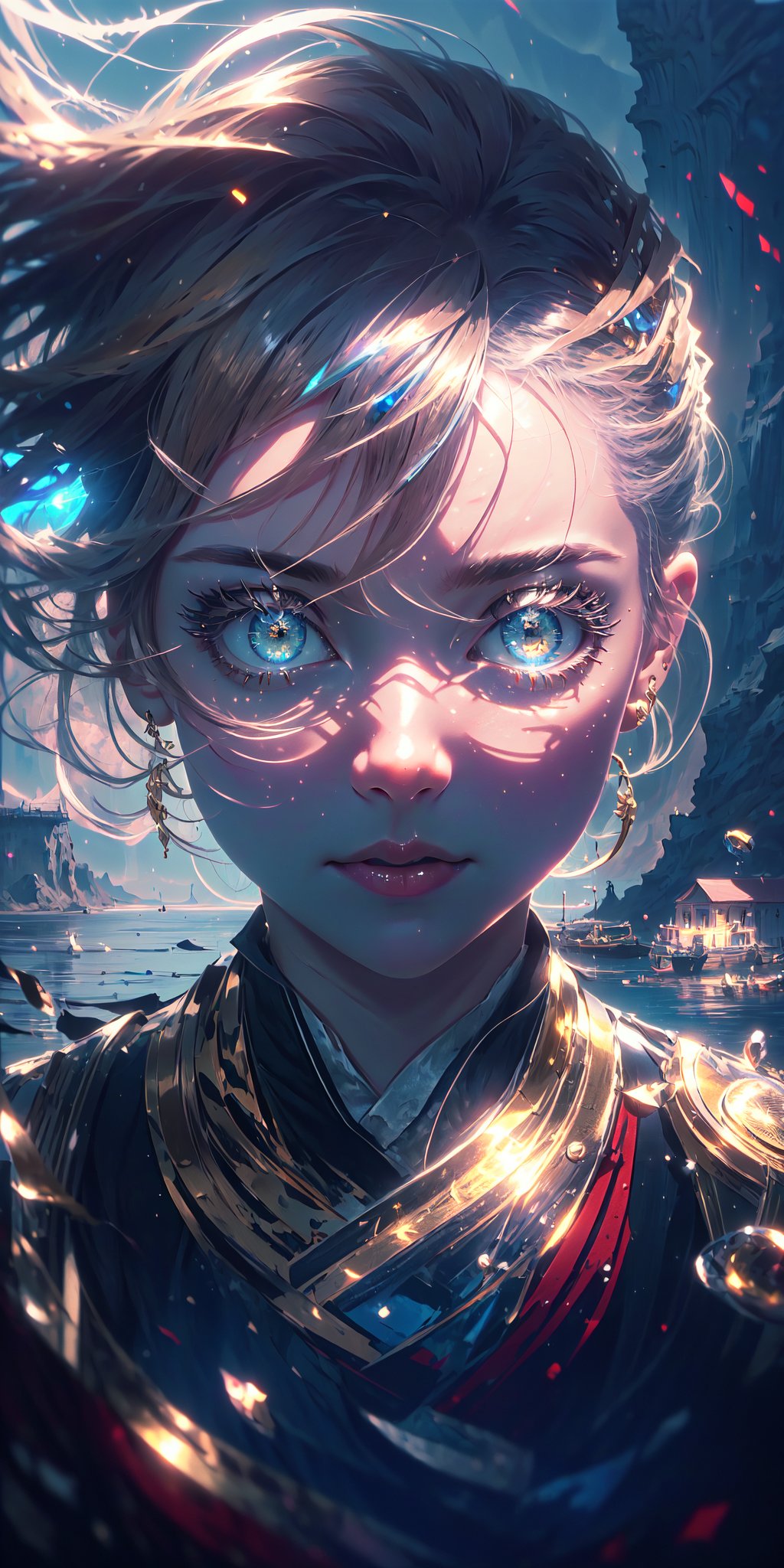 8K, high_resolution, 1080P, 1girl, (Masterpiece)), (Realistic, Photorealistic: 1.35), (RAW Photo, Best Quality, beautiful detailed red and gold eyes, hair, diferents color eyes, floating_hair ,scenery, cinematic scene, centered, beautiful face