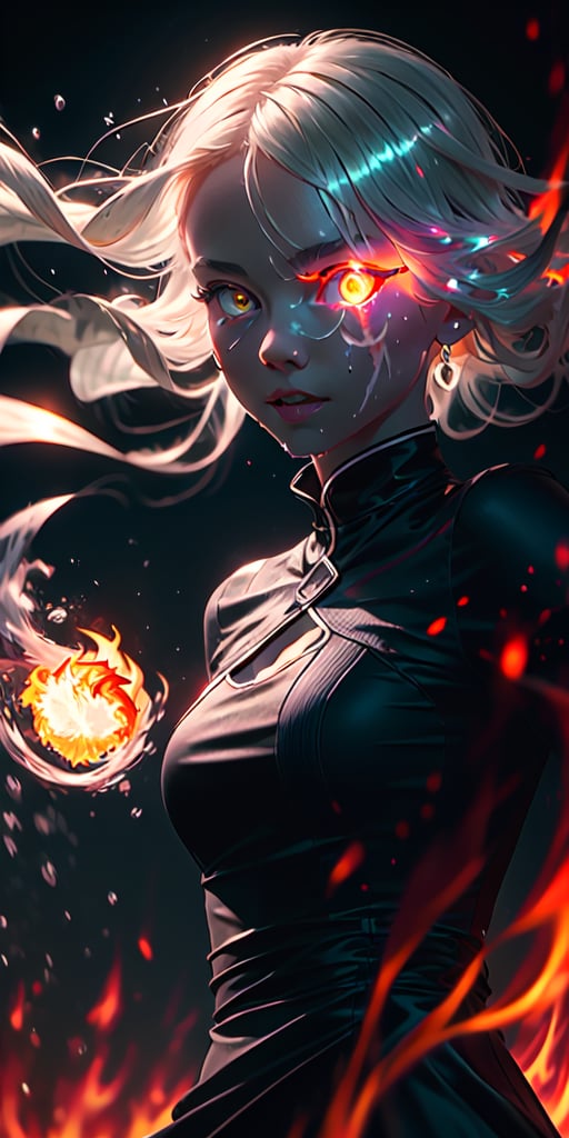 8K, high_resolution, 1080P, 1girl, (Masterpiece)), (Realistic, Photorealistic: 1.35), (RAW Photo, Best Quality),(detailed red glowing flaming eyes:1.2),white hair, floating_hair ,scenery, shiny hair,cinematic scene, centered, beautiful face,black dress,black thin dress, (seen through dress),small thin glowing and flaming scars on face, 