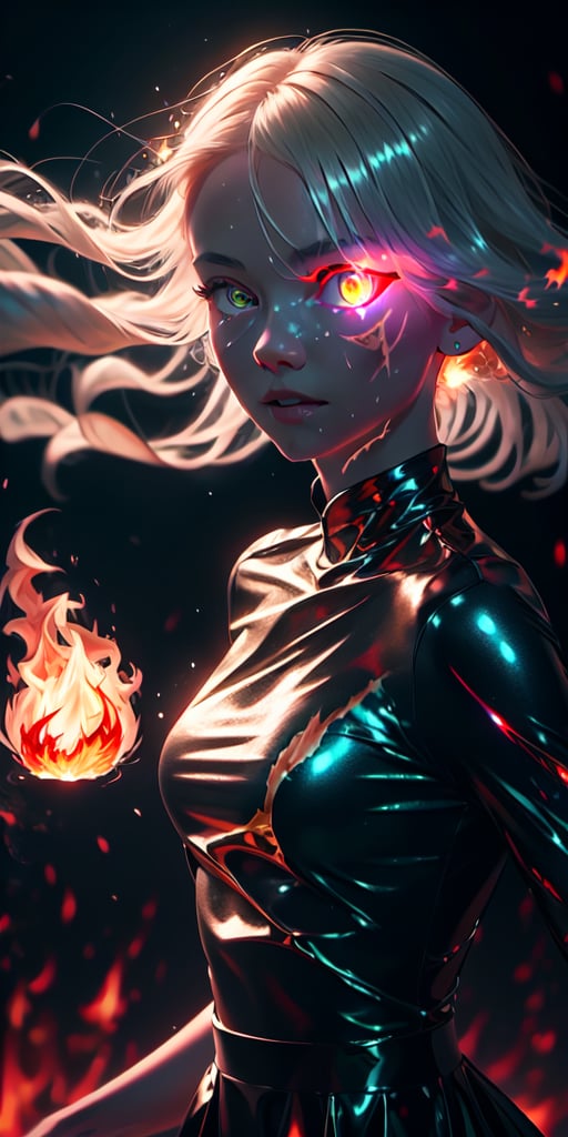 8K, high_resolution, 1080P, 1girl, (Masterpiece)), (Realistic, Photorealistic: 1.35), (RAW Photo, Best Quality),(detailed red glowing flaming eyes:1.2),white hair, floating_hair ,scenery, shiny hair,cinematic scene, centered, beautiful face,black dress,black thin dress, (seen through dress),small thin glowing and flaming scars on face, 