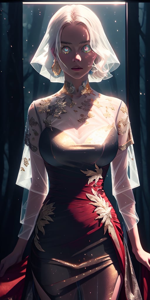 8K, high_resolution, 1080P, 1girl, (Masterpiece)), (Realistic, Photorealistic: 1.35), (RAW Photo, Best Quality), (red and gold color eyes:1.5),red and gold beautiful detailed eyes,white hair, floating_hair ,scenery, cinematic scene, centered, beautiful face,black dress,black thin cloth,(see through dress:2)