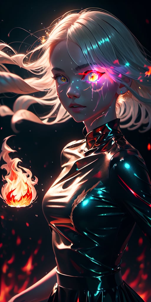 8K, high_resolution, 1080P, 1girl, (Masterpiece)), (Realistic, Photorealistic: 1.35), (RAW Photo, Best Quality), (detailed red glowing flaming eyes:1.2) ,white hair, floating_hair ,scenery, shiny hair, cinematic scene, centered, beautiful face, black dress,black thin dress, (seen through dress), small thin glowing and flaming scars on face, 